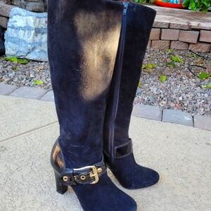 ANTONIO MELANI Black Suede Knee Hi Boots with Black Patent Accents. Size 7